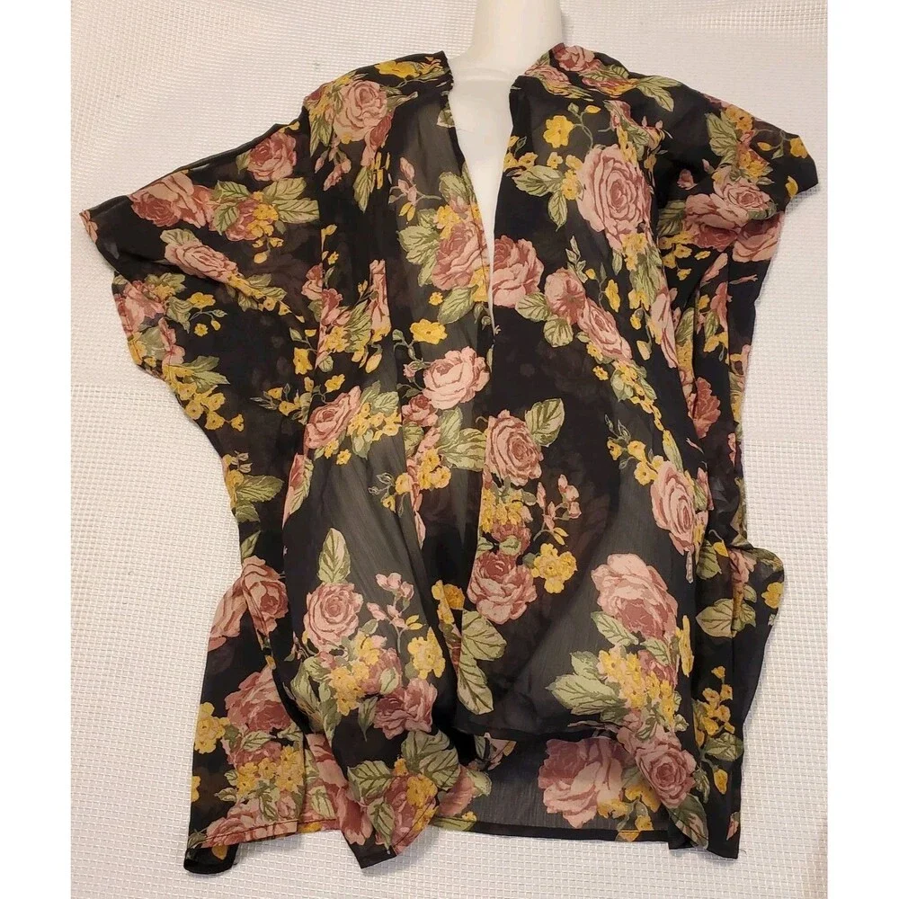 Womens Floral Open Kimono Cover Up OSFM Summer Antique Roses Sheer